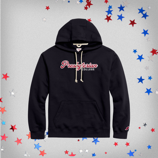 Navy Blue hoodie with 'Presbyterian College' text in red and white ink. The background of the product image is red, white, and blue stars.