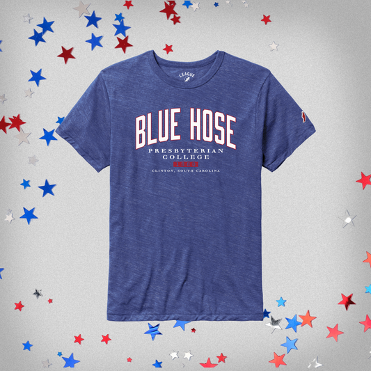 Blue t-shirt with 'Blue Hose Presbyterian College 1880 Clinton South Carolina" on it. Th product photo has red, white, and blue stars on the background.