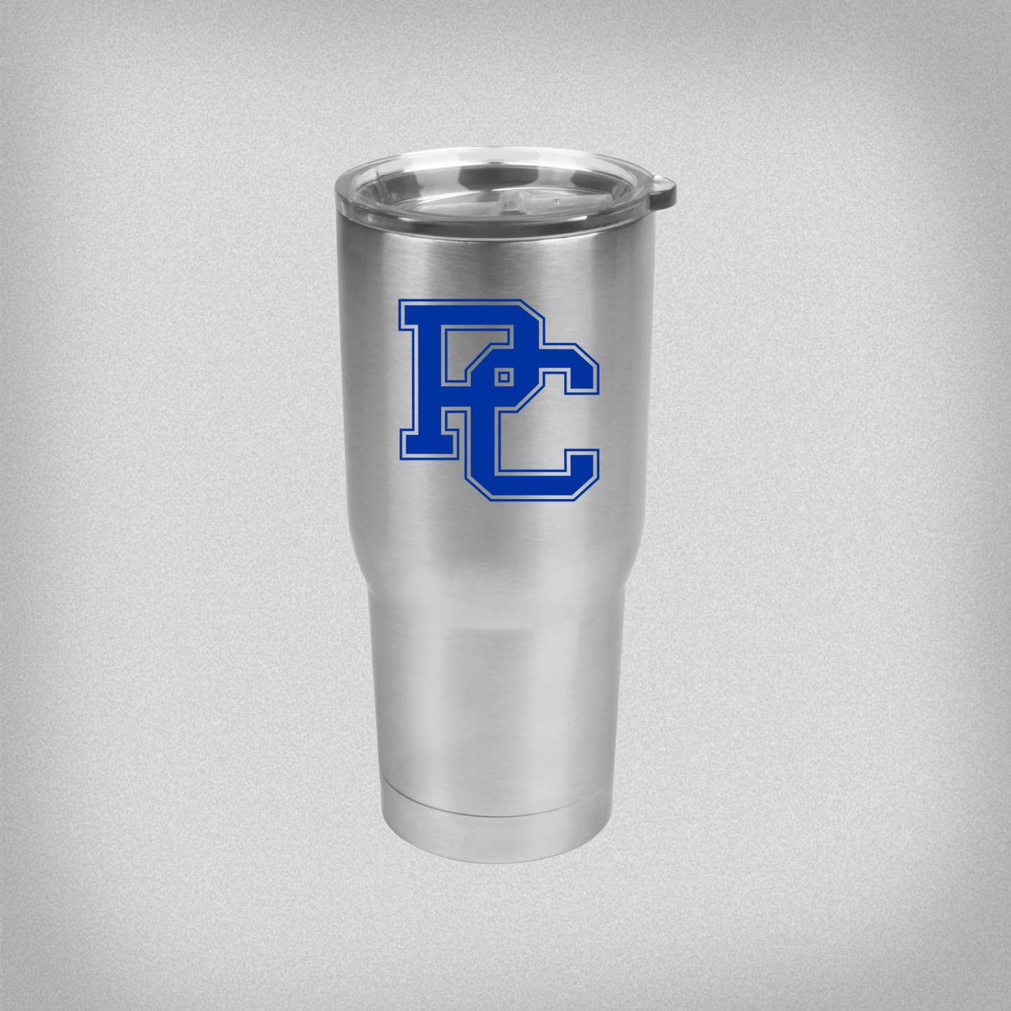 Silver tumbler with a blue PC logo.