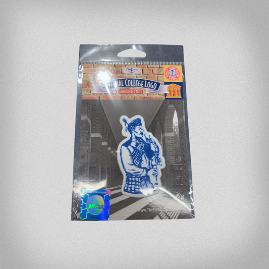 Packaged blue and white patch of the Presbyterian College Bagpiper Scotsman