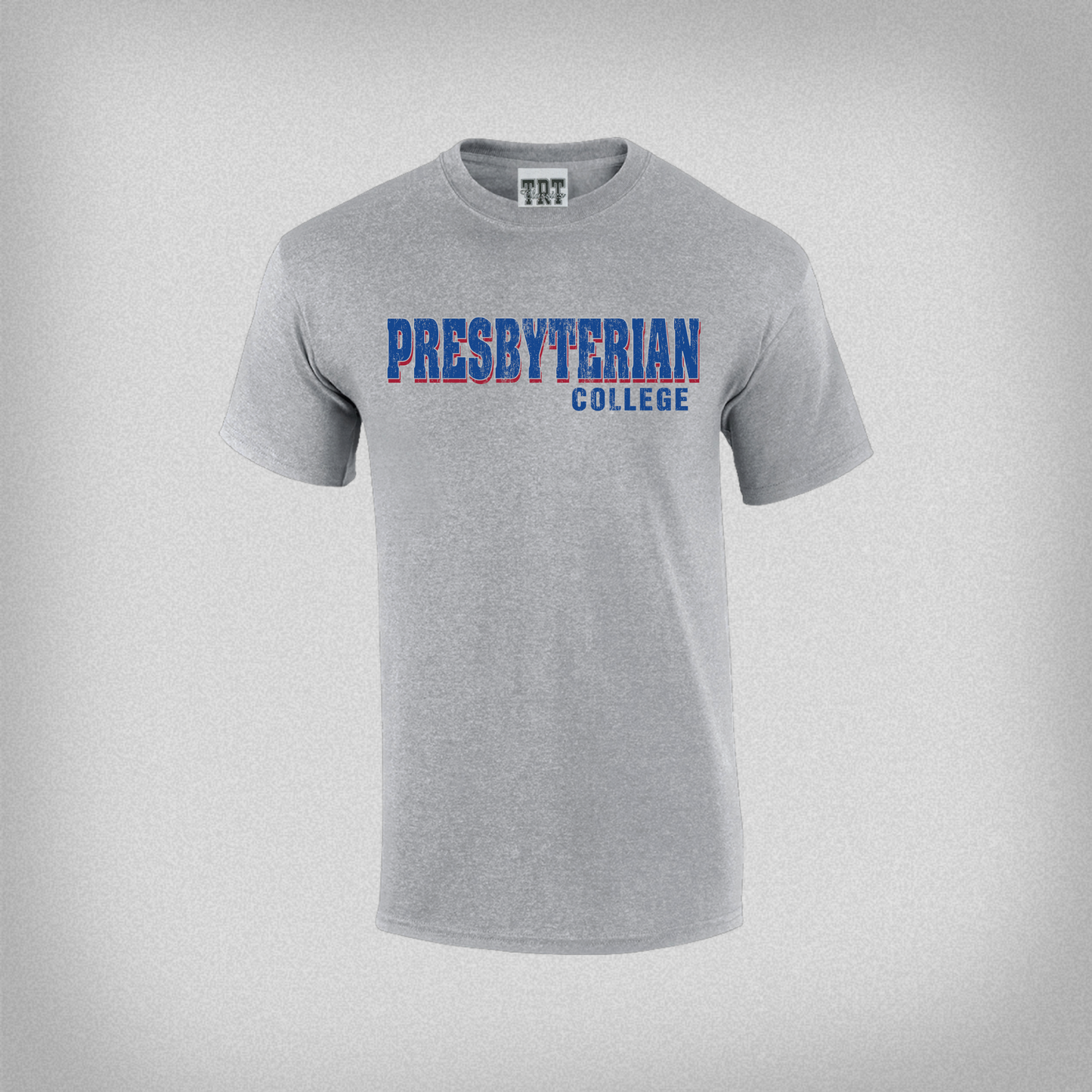 Product photo of a light grey t-shirt has a royal and red distressed screen print graphic that says "Presbyterian College"