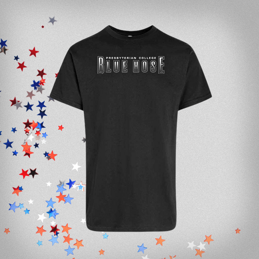 Black short sleeve shirt with silver screen print graphic that says Presbyterian College Blue Hose. The background of this product photo features red, white, and blue stars.