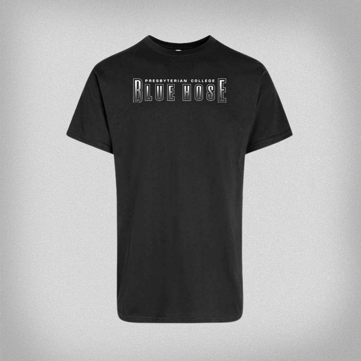 Black short sleeve shirt with silver screen print graphic that says Presbyterian College Blue Hose