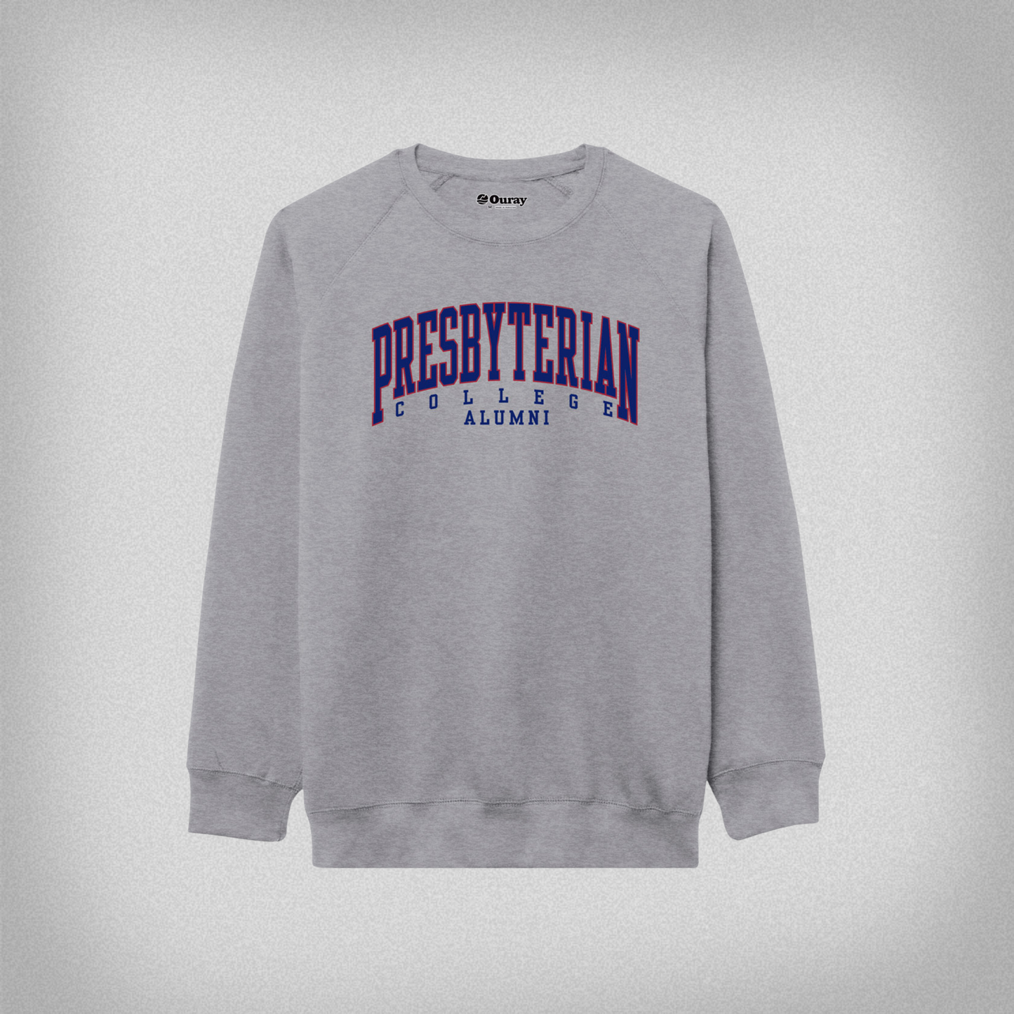 Product photo of a grey sweatshirt with Presbyterian College Alumni printed across the front in royal and red ink.
