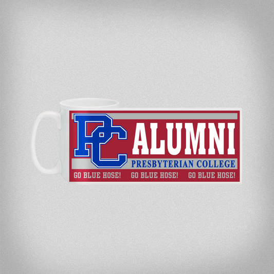 Product photo of a white mug with a red, blue, silver, and white graphic that has PC ALUMNI, Presbyterian College, and Go Blue Hose! Printed on it.