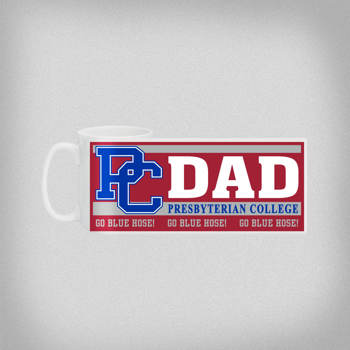 Product photo of a white mug with a red, blue, silver, and white graphic that has PC DAD, Presbyterian College, and Go Blue Hose! Printed on it.