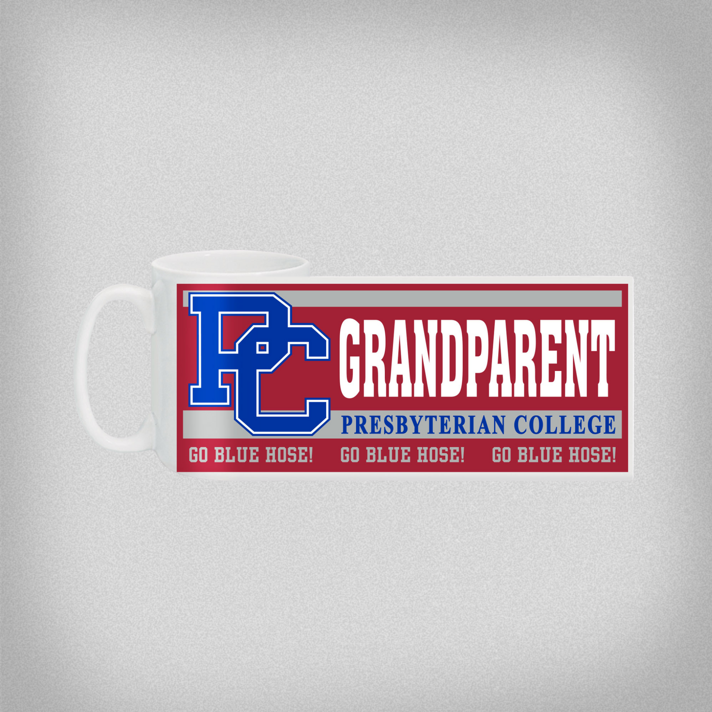 Product photo of a white mug with a red, blue, silver, and white graphic that has PC GRANDPARENT, Presbyterian College, and Go Blue Hose! Printed on it.