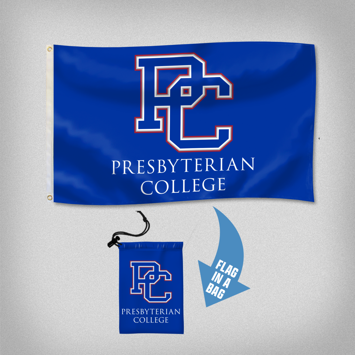Product photo of a blue flag with the block PC logo and Presbyterian College written below it. The flag comes with a small reusable draw string pouch.