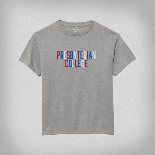 product photo of a grey youth t-shirt with presbyterian college graphic with red white and blue letters. the white letters have a subtle stripe design to them.
