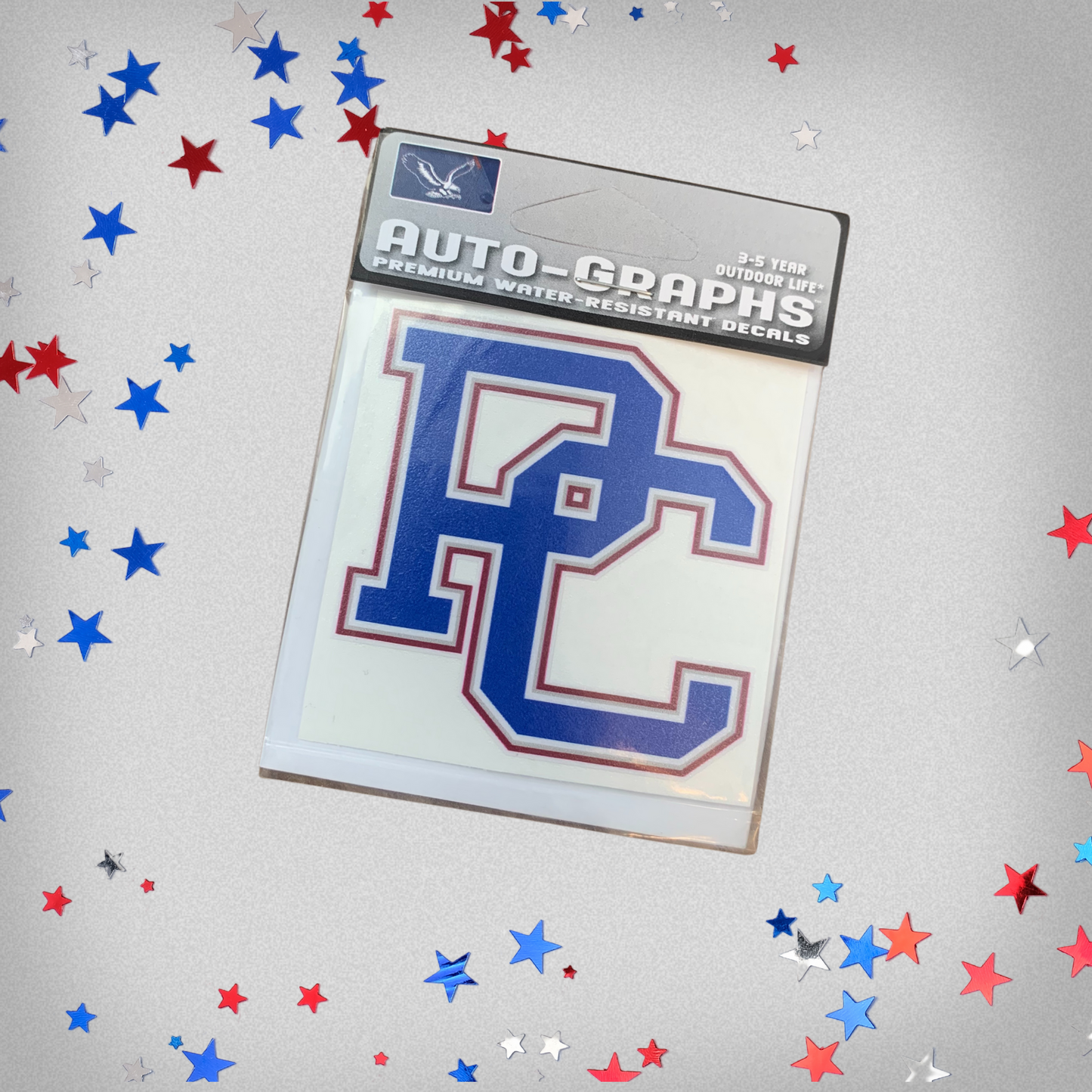 block PC mini decal. The background of the product photo has red white and blue stars on it.