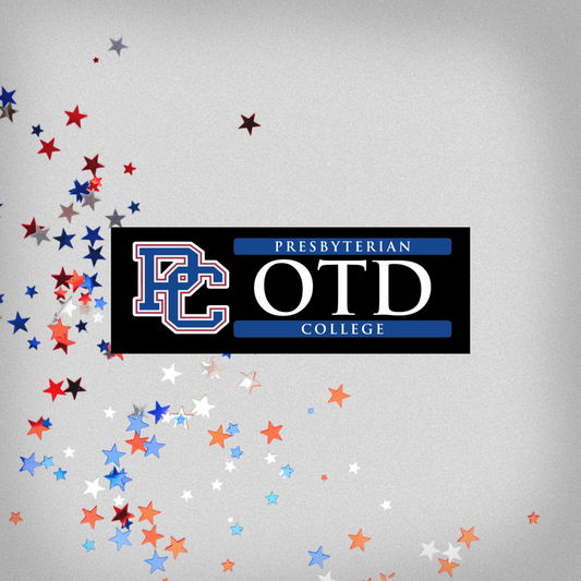 product photo of the PC OTD decal. There is not a black background on the sticker, it is just there to make it easy to see the design online. The background of the web image include red, white, and blue stars.