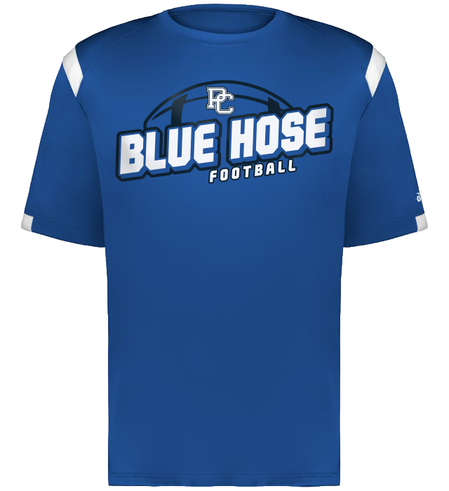 Blue Hose Football Royal Blue Performance T-shirt with white shoulder accents and a large Blue Hose Football Graphic across the chest