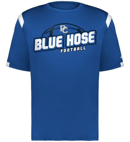 Blue Hose Football Royal Blue Performance T-shirt with white shoulder accents and a large Blue Hose Football Graphic across the chest