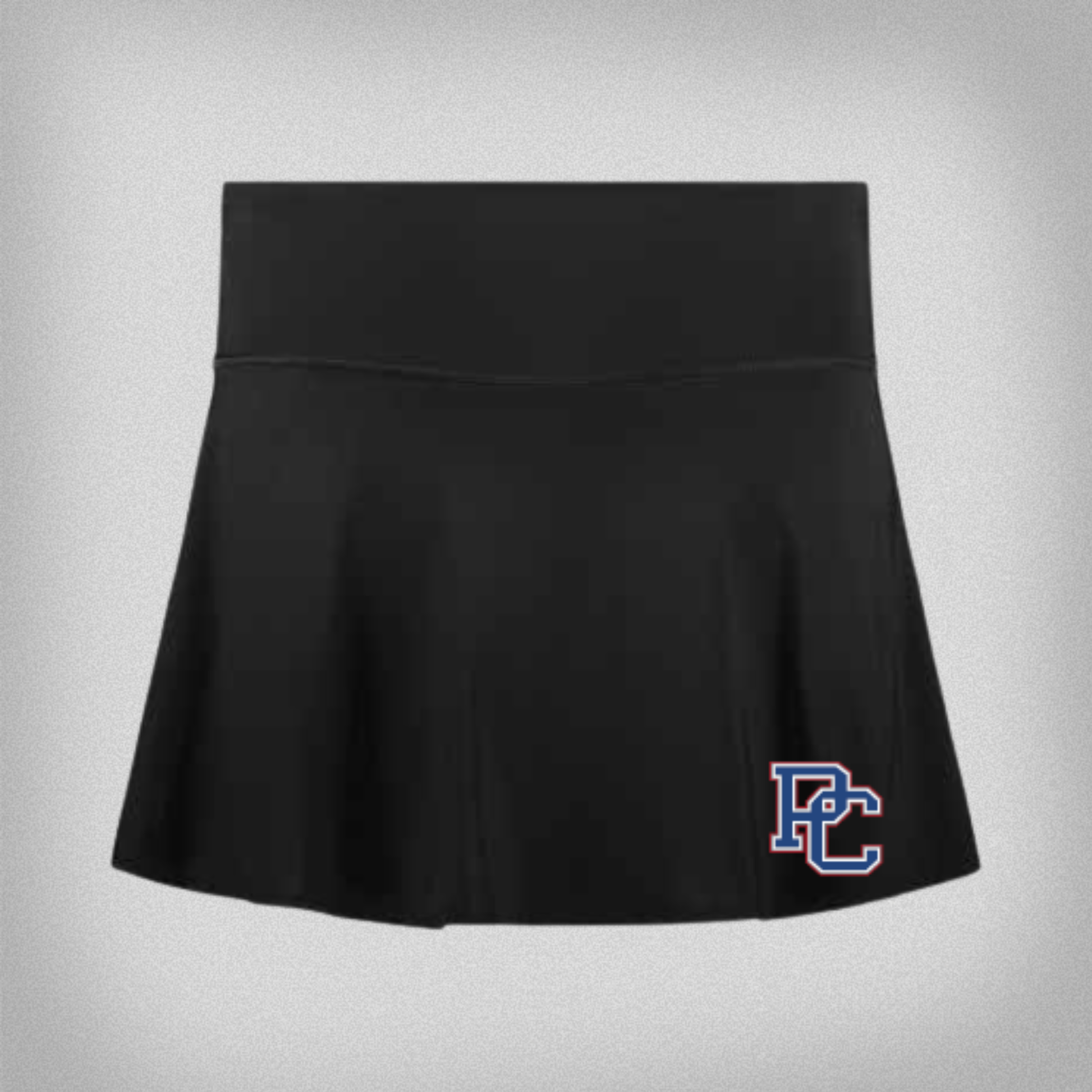 black athletic skort with block PC logo on the bottom left (of wearer) corner.