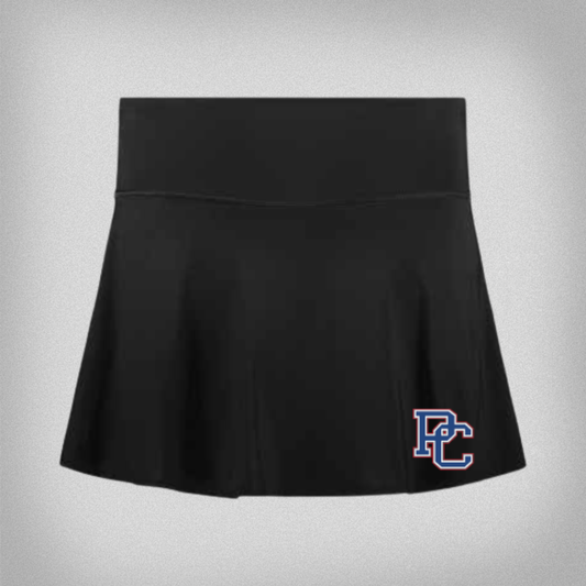 black athletic skort with block PC logo on the bottom left (of wearer) corner.