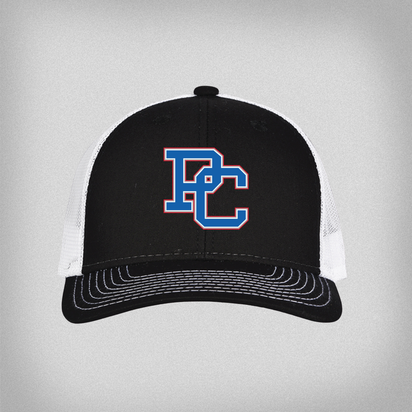Black and white cap with a blue and red PC logo embroidered on the front