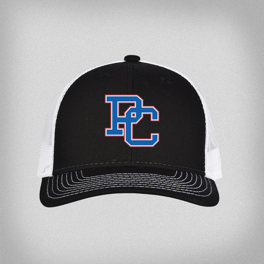 Black and white cap with a blue and red PC logo embroidered on the front