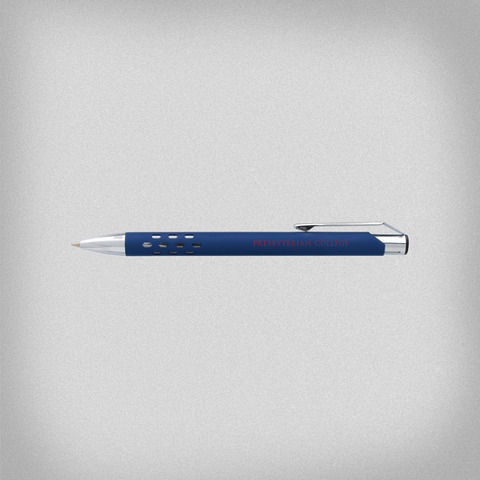 Pen with blue barrel and silver accents and Presbyterian College printed subtly in red ink.