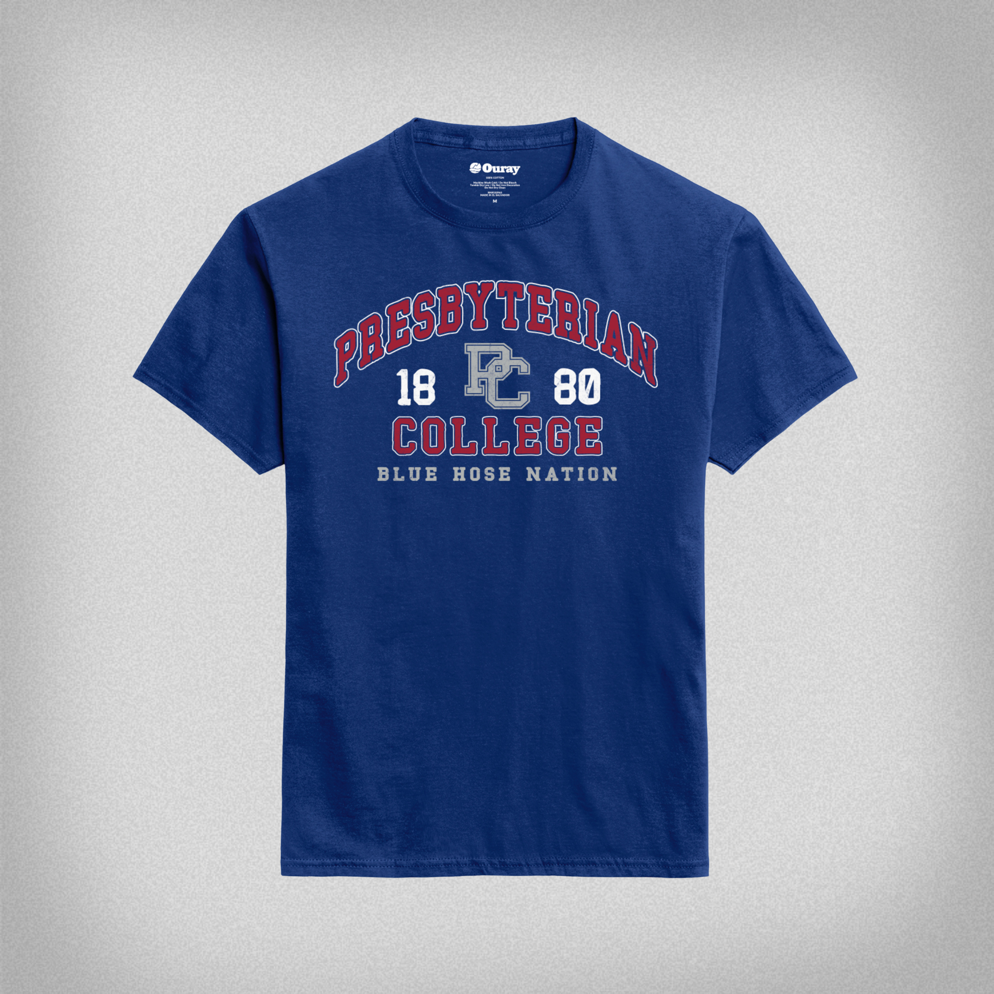 Royal blue t-shirt with 'Presbyterian College 1880 Blue Hose Nation' in white, red, and grey ink