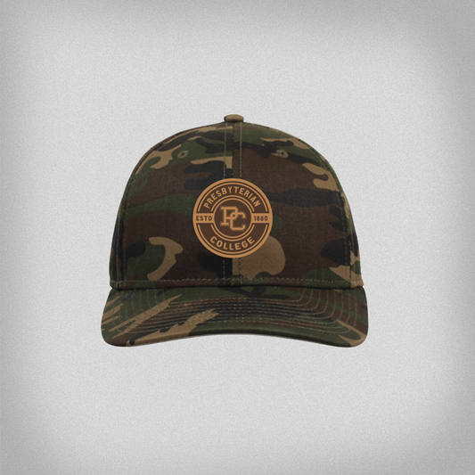 Camouflage baseball cap with 'Presbyterian College Estd 1880' and the block PC logo on a circular lego patch on the front.