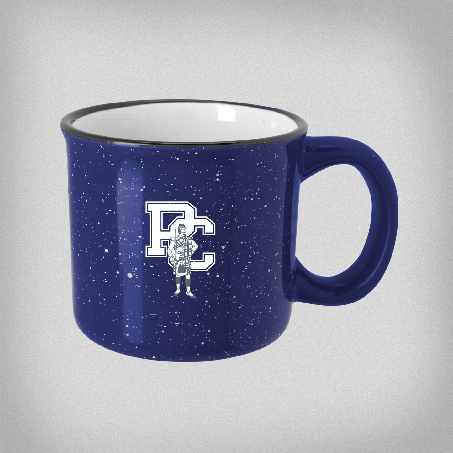 Blue navy ceramic speckled mug with block pc with vintage scotsman in grey and white
