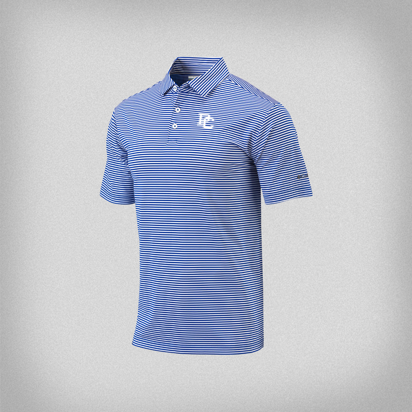 Blue and white striped polo shirt with a white embroidered PC logo on the front left chest