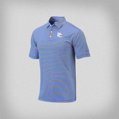 Blue and white striped polo shirt with a white embroidered PC logo on the front left chest