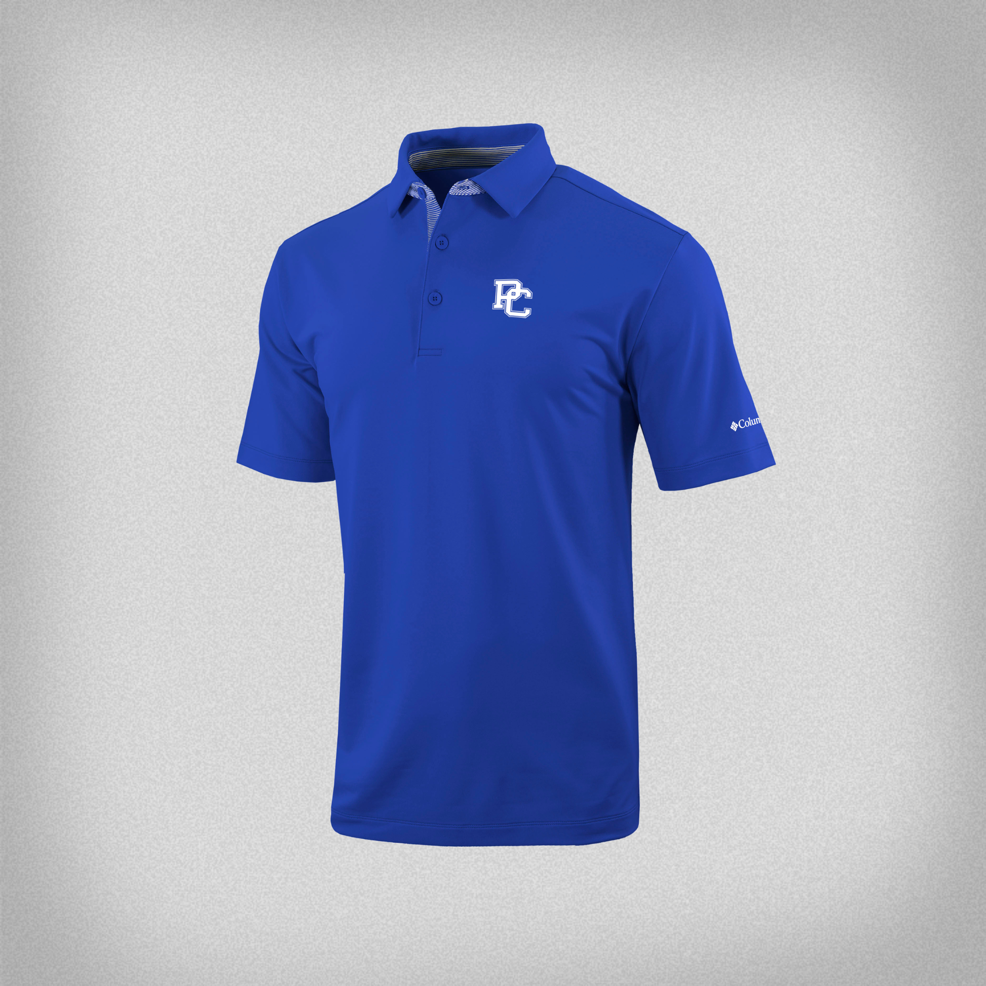 Blue polo shirt with an embroidered  PC logo on the front left chest
