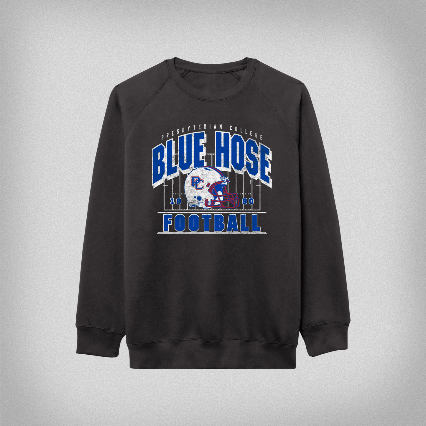 Black sweatshirt with 'Blue Hose Football' text and football helmet and field