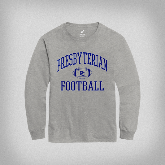 Gray long-sleeve shirt with 'Presbyterian Football' text and logo on a gray background