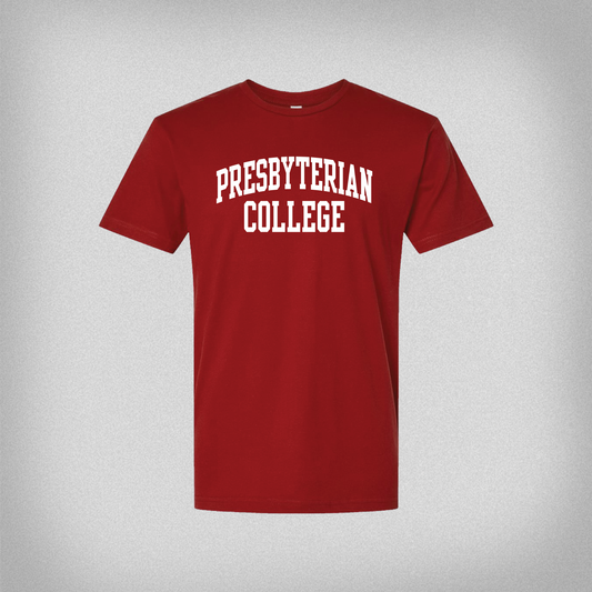 Red t-shirt with 'Presbyterian College' text on the front in white ink.