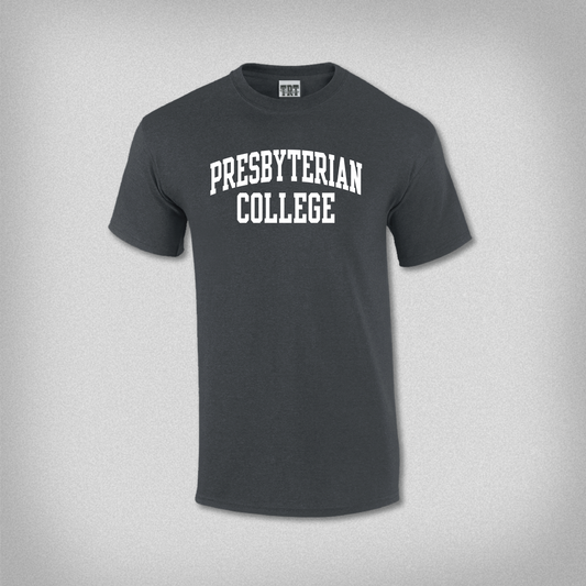 Gray t-shirt with 'Presbyterian College' text in white ink.