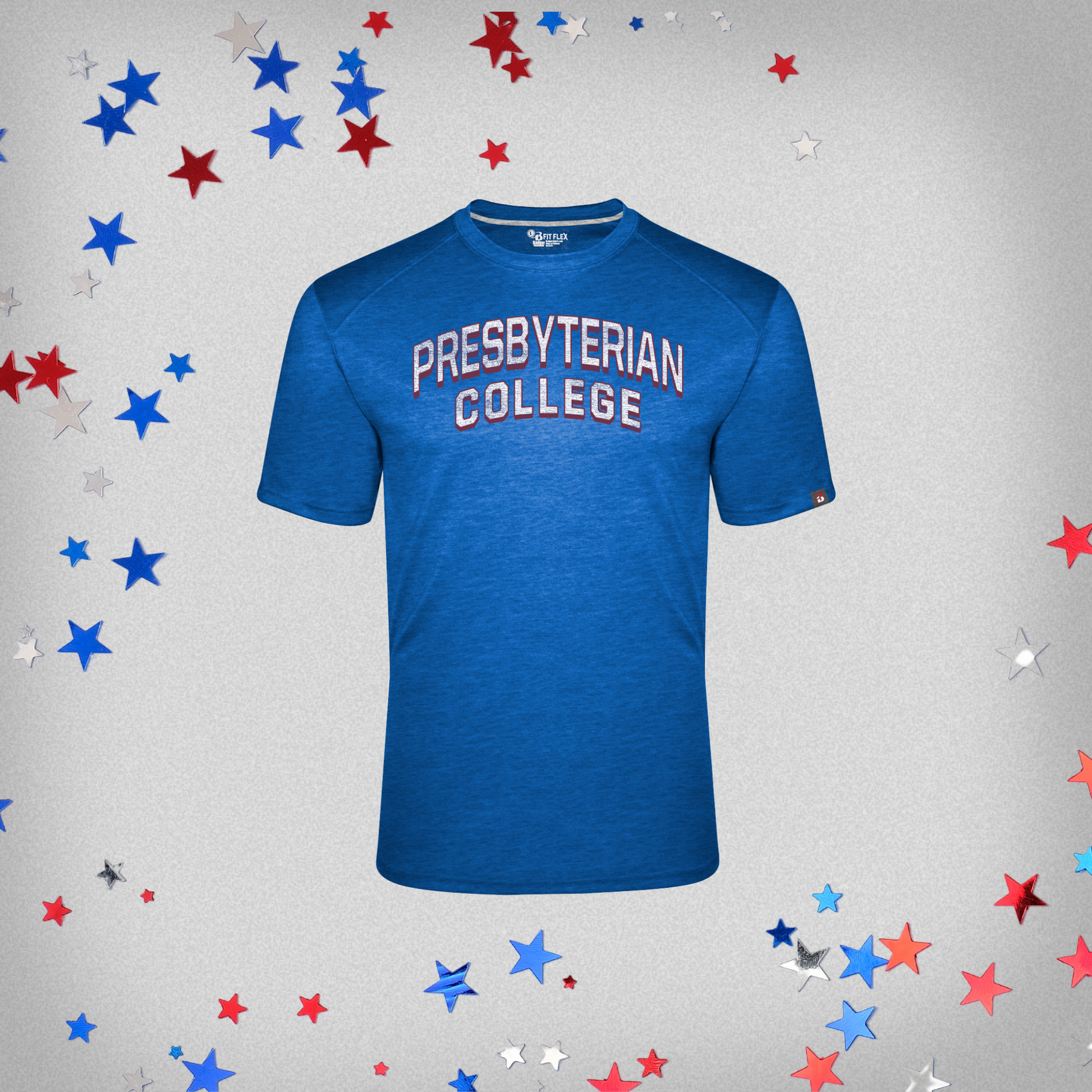 Product photo of a royal blue fit flex t-shirt with a distressed screen print graphic in white and red ink of "Presbyterian College". The background of this product photo has red, white, and blue stars. 