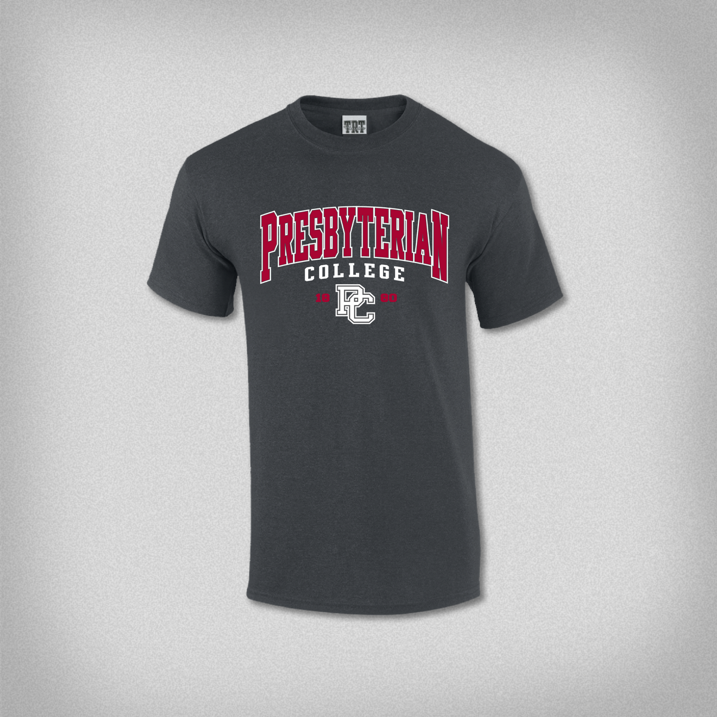 Product photo of a gray t-shirt with a red and white screen print that says Presbyterian College 1880. It also has the block PC logo on it. 