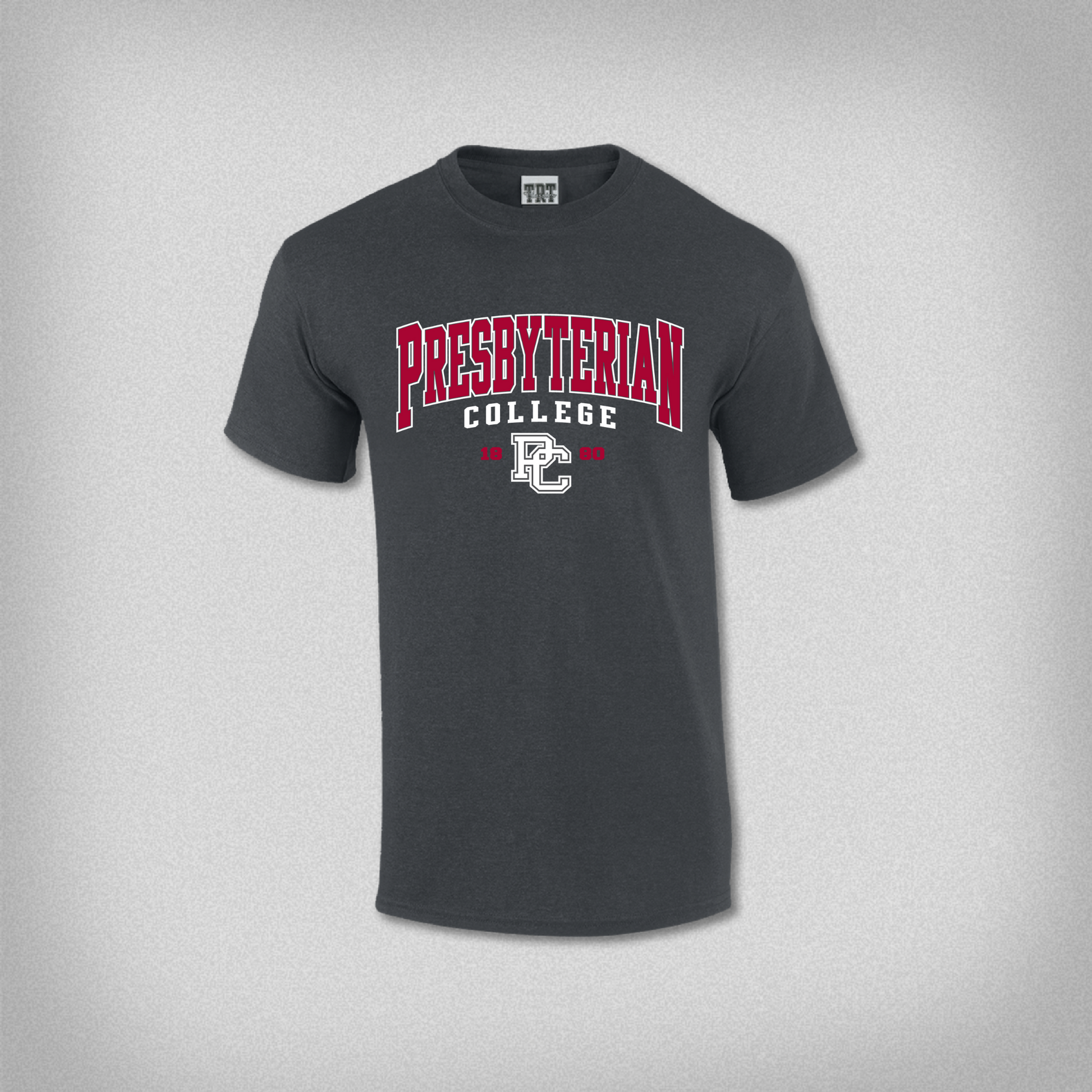 Product photo of a gray t-shirt with a red and white screen print that says Presbyterian College 1880. It also has the block PC logo on it. 