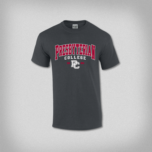 Product photo of a gray t-shirt with a red and white screen print that says Presbyterian College 1880. It also has the block PC logo on it. 