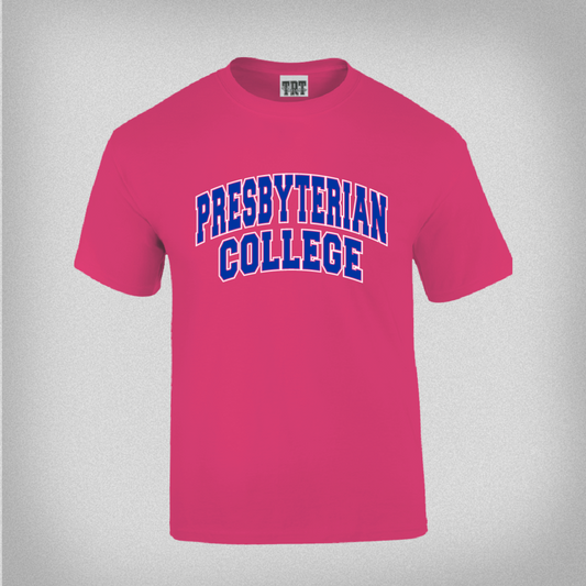 Product photo of a hot pink youth t-shirt that features an arched Presbyterian College graphic in blue and white ink across the front of the shirt.