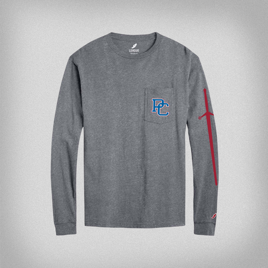 Product photo of a grey long sleeve t shirt with a pocket printed with a 4 color block PC logo on the left front chest and a red broadsword printed down the left sleeve.