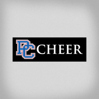 Decal with a 4 color block PC logo and white letters that spell out Cheer (there is not a black background on the sticker-that is just a part of the product photo)