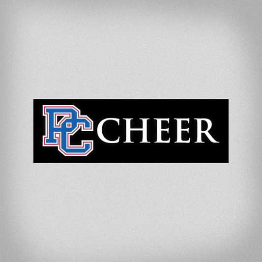 Decal with a 4 color block PC logo and white letters that spell out Cheer (there is not a black background on the sticker-that is just a part of the product photo)