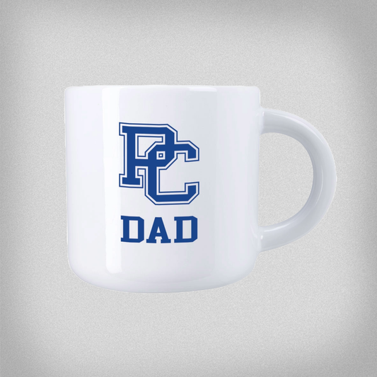 White mug with blue 'PC' logo and 'DAD' text on a light gray background