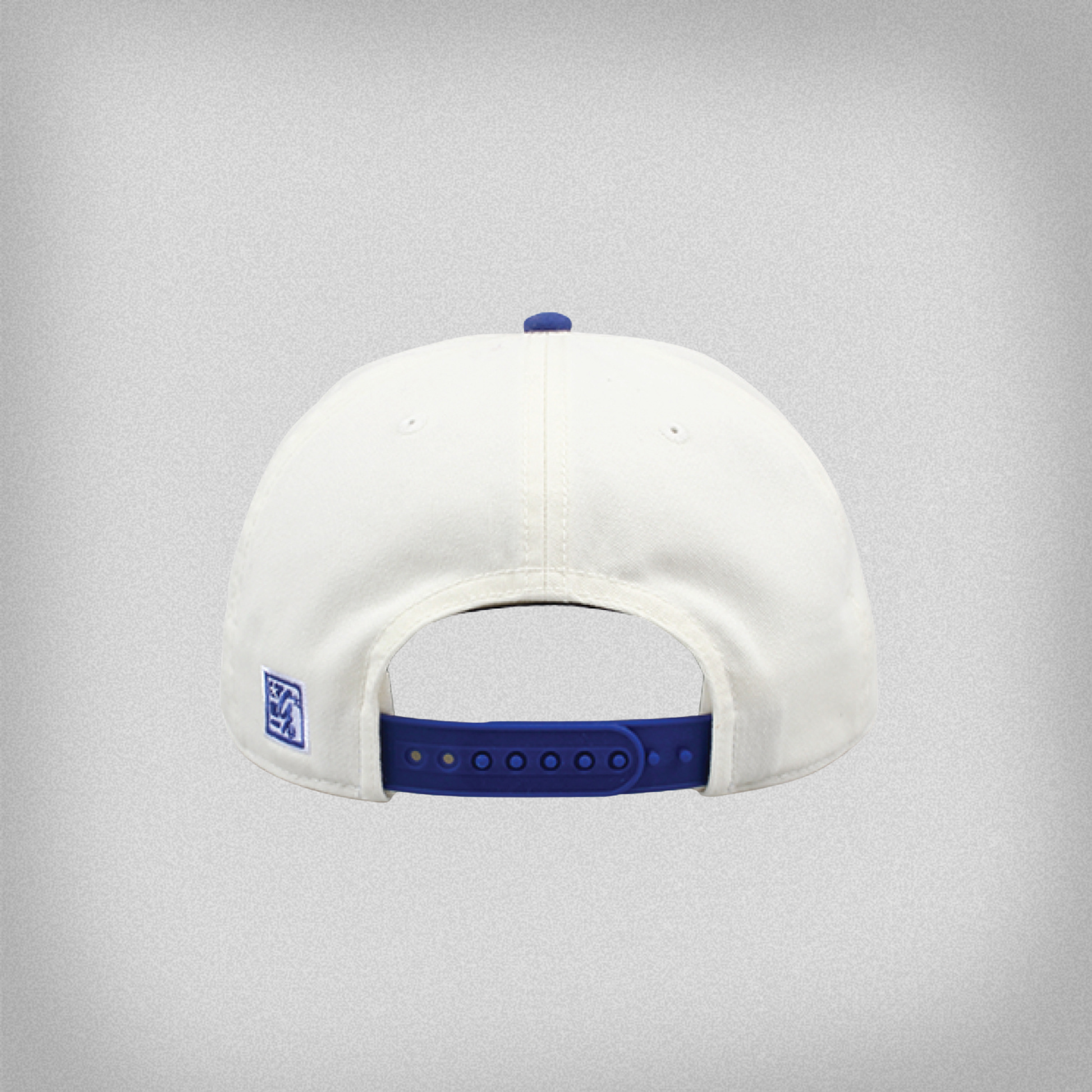back view of the white cap with blue band on a gray background