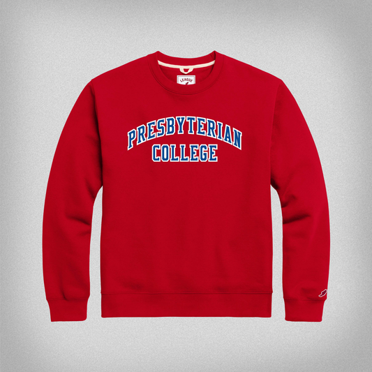 Red sweatshirt with 'Presbyterian College' appliqued to the front in white and blue fabric.
