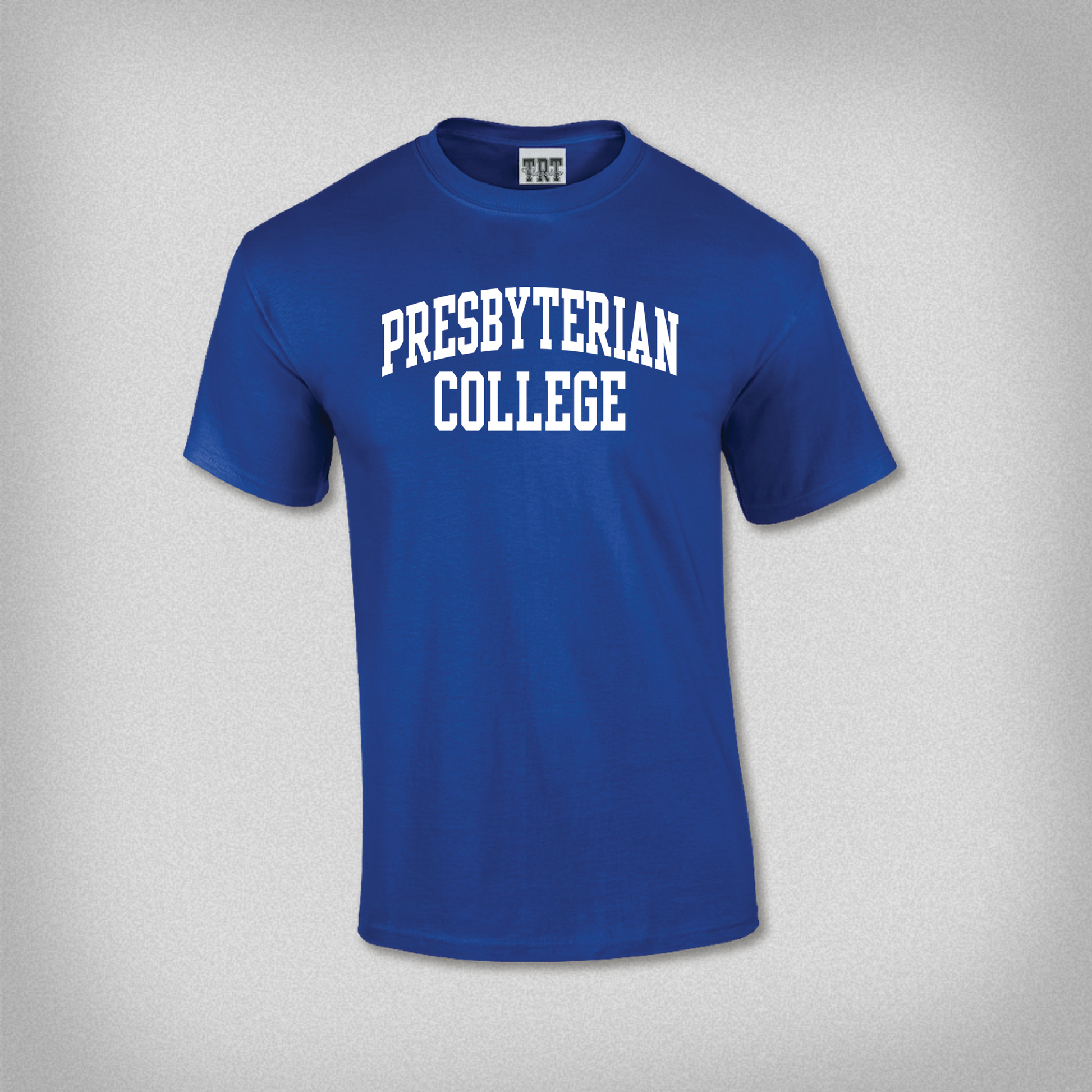 Blue t-shirt with 'Presbyterian College' in white ink