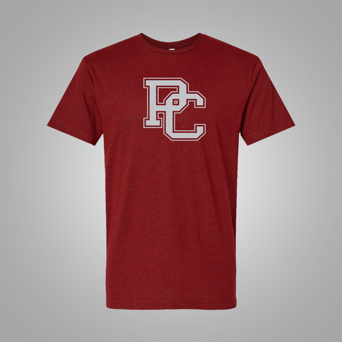 A garnet short-sleeve t-shirt with a light  gray collegiate-style 'PC' logo on the chest, displayed against a neutral gray background.