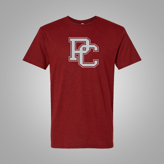 A garnet short-sleeve t-shirt with a light  gray collegiate-style 'PC' logo on the chest, displayed against a neutral gray background.