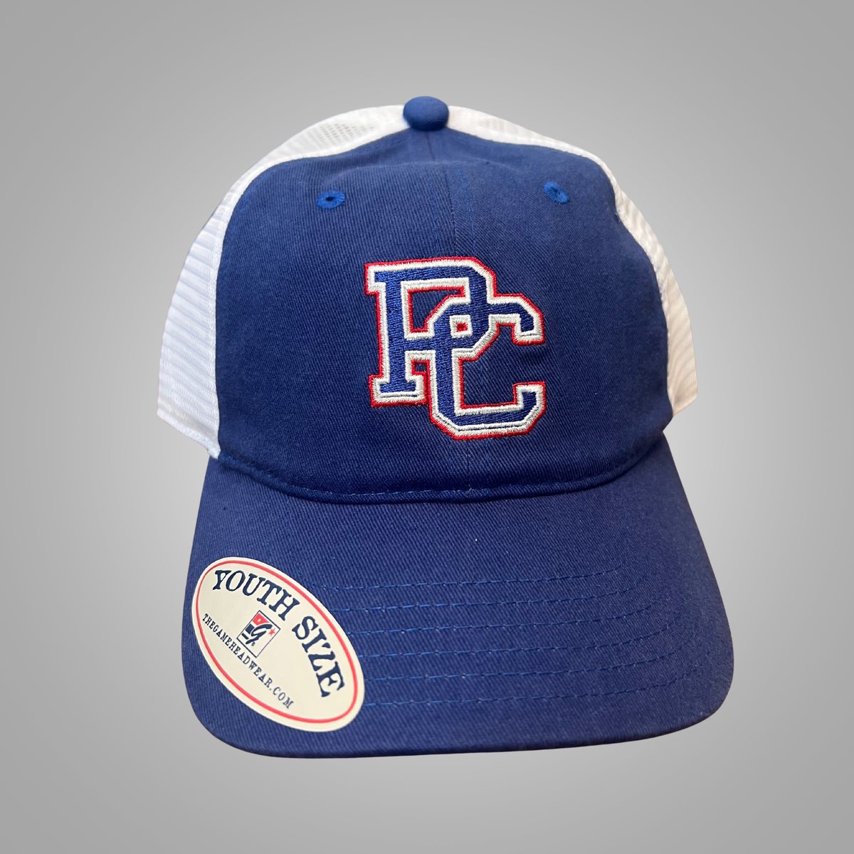 A blue and white trucker-style baseball cap with a white mesh back, featuring a large embroidered 'PC' logo on the front panel, set against a neutral gray background.