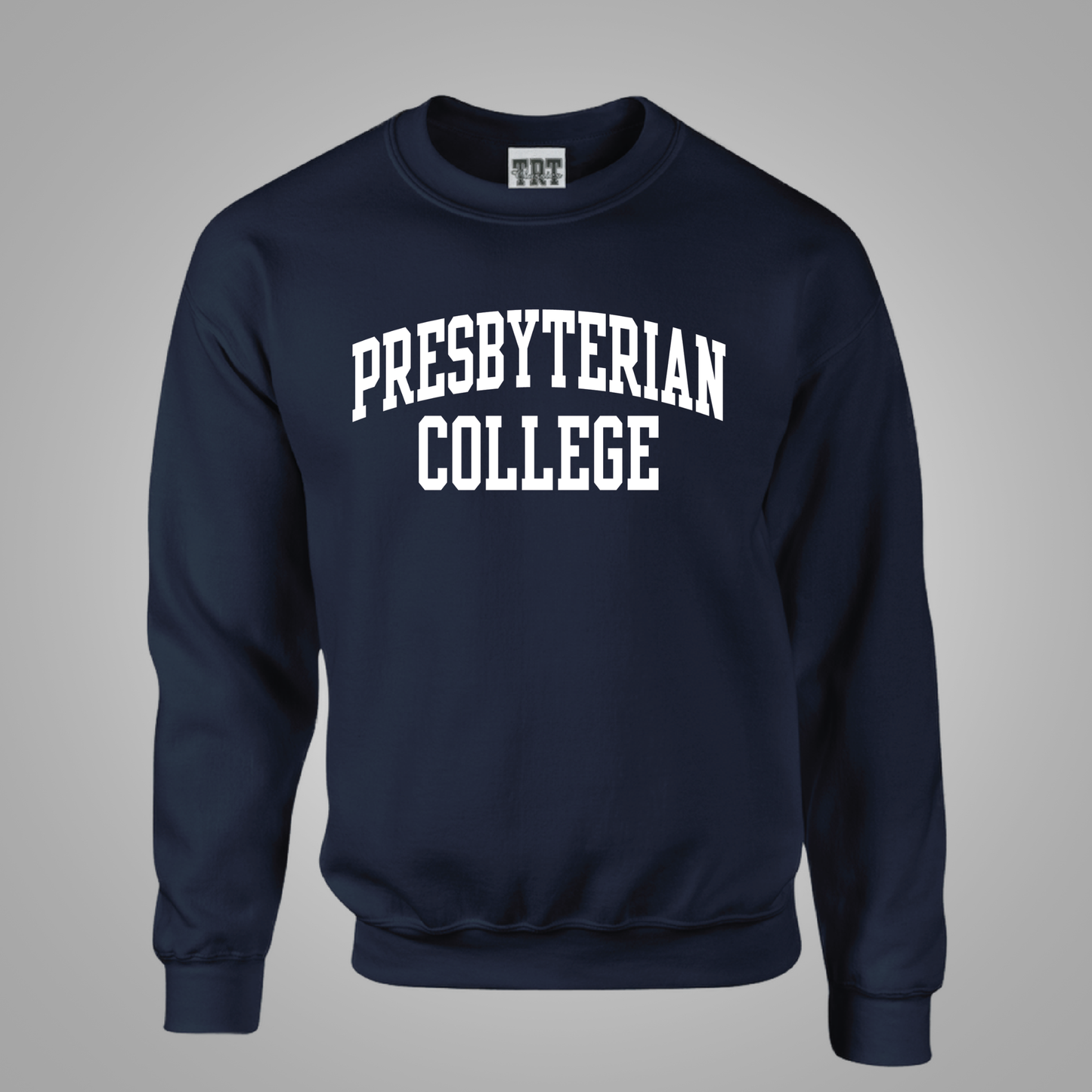 A navy blue crewneck sweatshirt with 'PRESBYTERIAN COLLEGE' printed in white arched block letters across the chest, displayed on a neutral gray background.