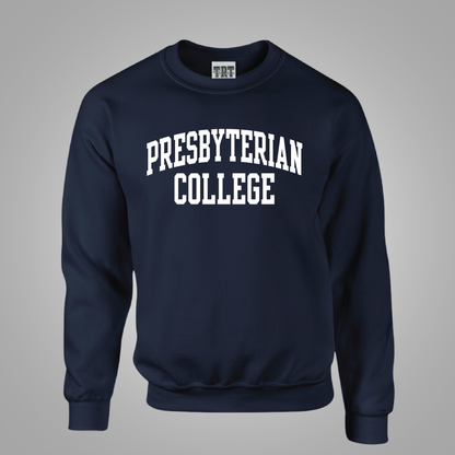 A navy blue crewneck sweatshirt with 'PRESBYTERIAN COLLEGE' printed in white arched block letters across the chest, displayed on a neutral gray background.