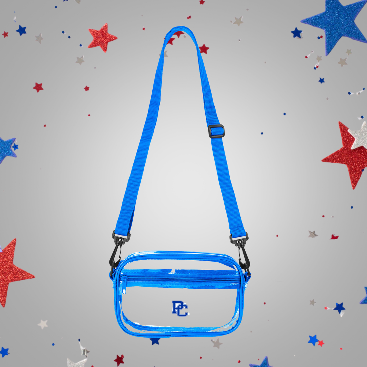 Clear sling crossbody bag with adjustable straps and royal blue accent colors and a PC logo on the front